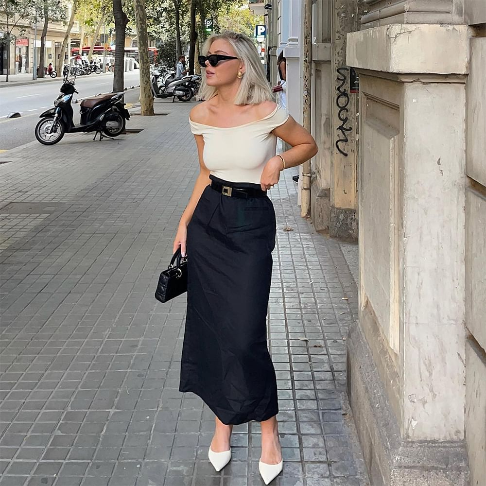 Áo lệch vai và chân váy bút chì - Sự kết hợp gợi cảm và tinh tế