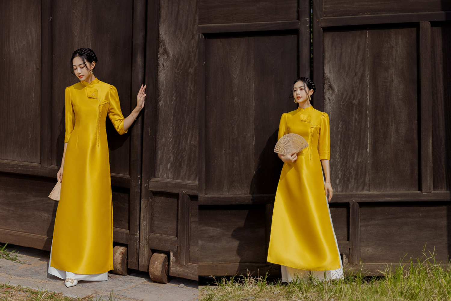 Người mẫu mặc áo dài vàng truyền thống trước cửa gỗ cổ kính