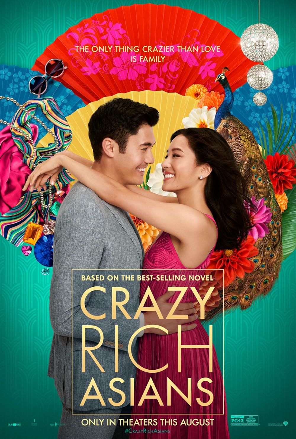 Cặp đôi ôm nhau tình cảm trên poster phim "Crazy Rich Asians" với hoa lá rực rỡ
