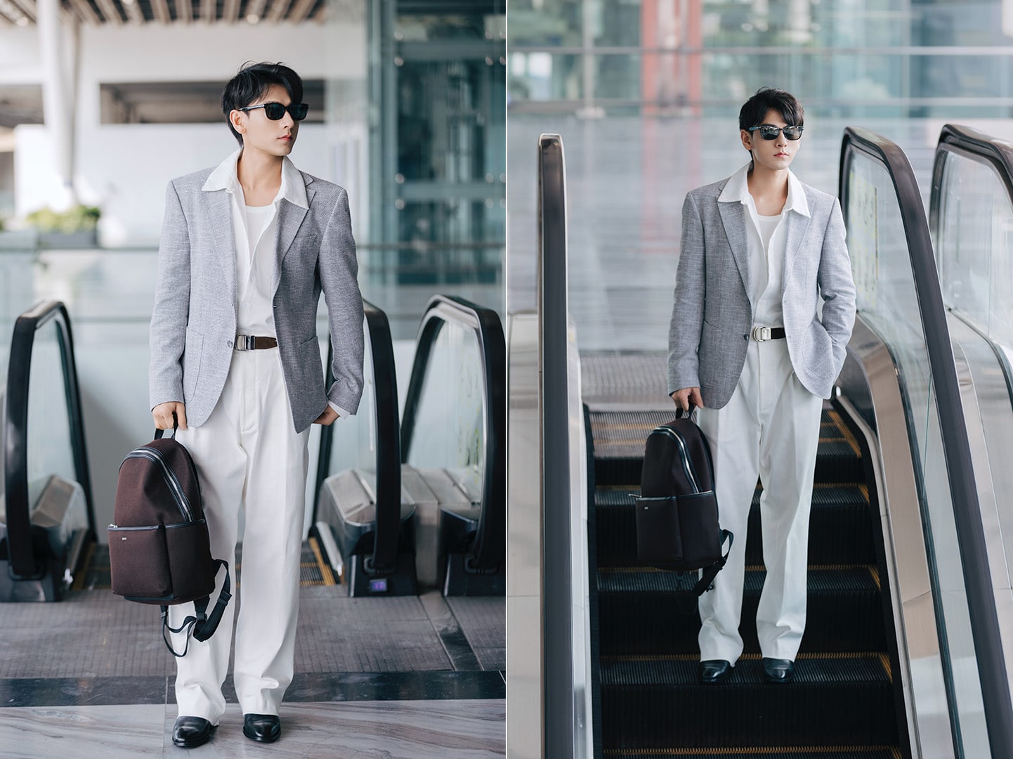 Nam ca sĩ Isaac diện trang phục trắng sáng cùng áo blazer và kính râm tại sân bay