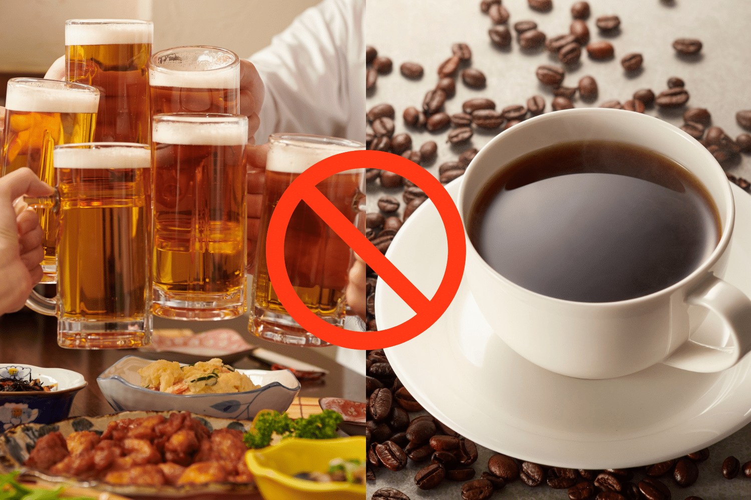 Bia rượu và đồ ăn nhiều dầu mỡ đối lập với tách cà phê bị gạch chéo thể hiện sự điều chỉnh chế độ ăn uống
