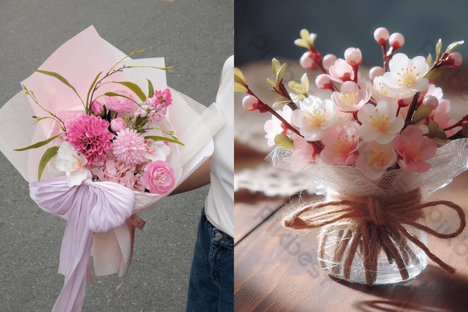 Hai bó hoa tươi tắn với sắc hồng và trắng được gói giấy cẩn thận