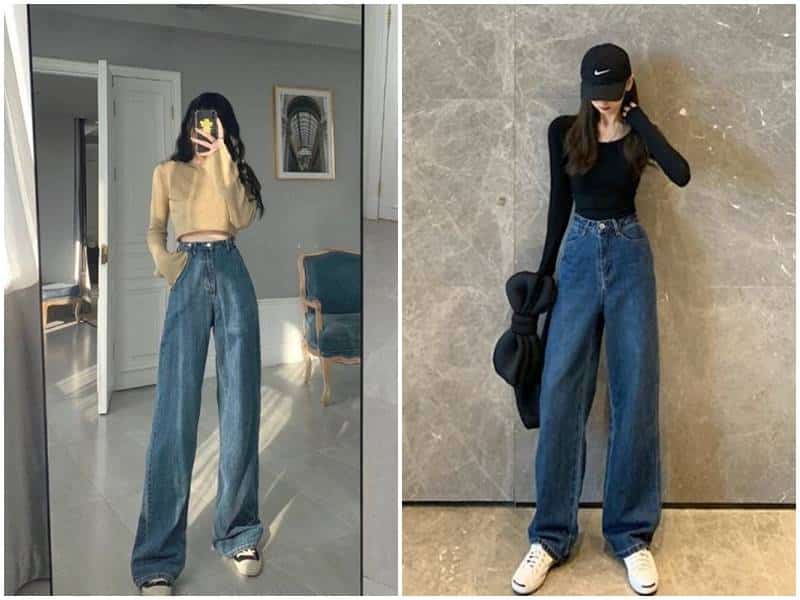 Cô gái mặc quần jean ống rộng và áo len dài tay tạo dáng chụp ảnh